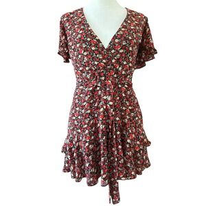 Lulus Black & Red Floral Print Ruffled Mini Dress Womens Medium Front Tie Tiered